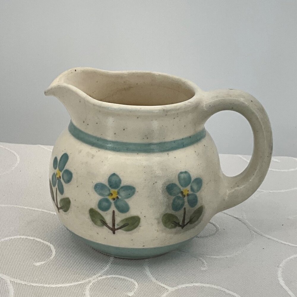 Vintage Ceramic Creamer Pitcher Floral Design Blue & White 4" Height Hand-Painte